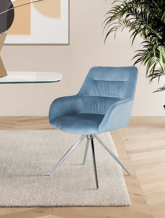 GINER Y COLOMER Tapiza2 - Lot de 2 fauteuils en velours bleu clair, design raffiné, structure rembourrée, pieds en acier nickelé brillant